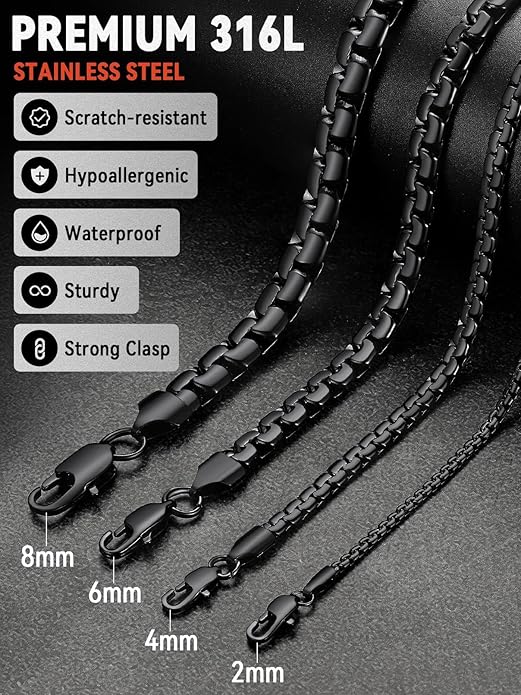FaithHeart Mens Black/Silver/Gold Stainless Steel Flat Box Link Chain Necklace, Stylish 2/4/6/8mm Width Box Chains Necklaces for Men Non Tarnish Hip Hop Chain Jewelry Gifts,14"-30" Length