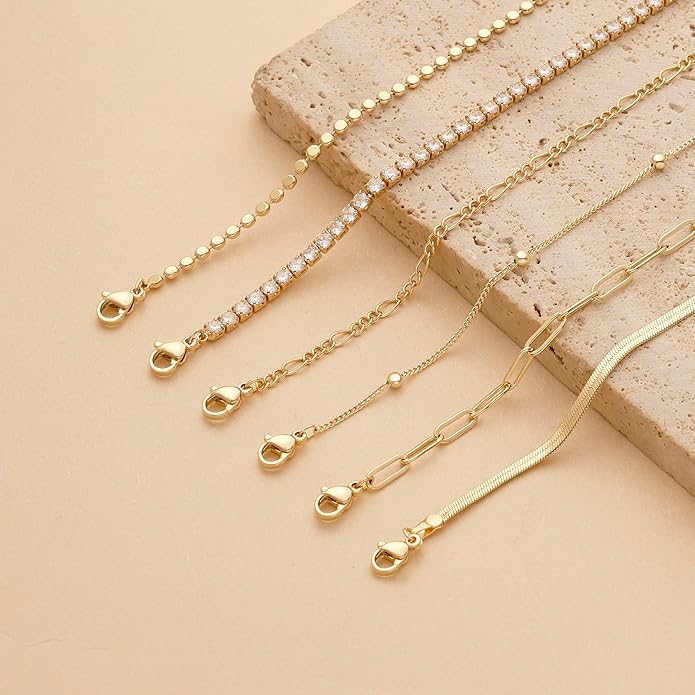 DEARMAY Waterproof Gold Plated Bracelets Set for Women Trendy, Dainty 14K Gold Jewelry Fashion Stackable Tennis Beaded Figaro Herringbone Paperclip Link Bracelet Pack Stack Gifts for Women