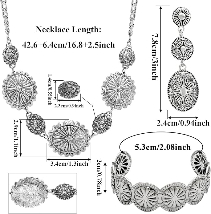 3 Pcs Western Concho Costume Jewelry Set for Women Western Dangle Earrings Boho Choker Necklace Bohemian Cuff Bracelet Cowboy Chic Country Concert Outfits for Women Christmas Jewelry Gift