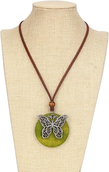 Long Boho Necklaces for Women Vintage Leather Wooden Pendant Y Choker Ethnic Style Gold Circle Hippie Sweater Necklace