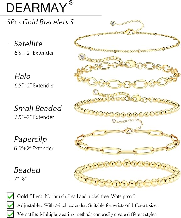 DEARMAY Waterproof Gold Plated Bracelets Set for Women Trendy, Dainty 14K Gold Jewelry Fashion Stackable Tennis Beaded Figaro Herringbone Paperclip Link Bracelet Pack Stack Gifts for Women