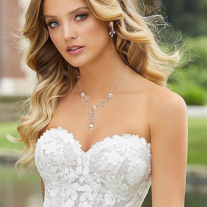 EleQueen Women's Simulated Pearl Wedding Jewelry Set, Cubic Zirconia Marquise Floral Bridal Necklace Earrings Bracelet Sets