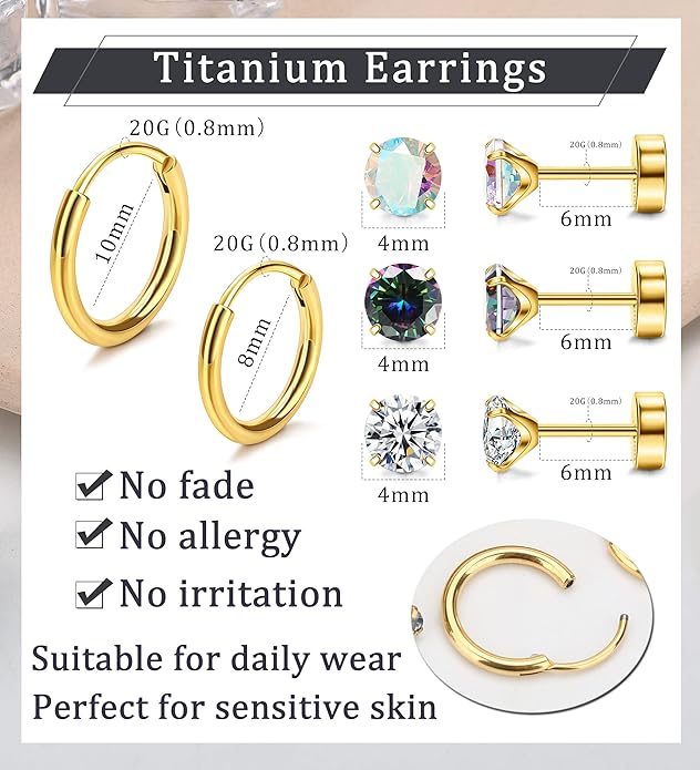 MJust Titanium Earrings for Sensitive Ears 20G Hypoallergenic Stud Hoop Earrings for Women Men Opal Ball CZ Heart Pearl Flat Back Earrings Cartilage Earrings Set