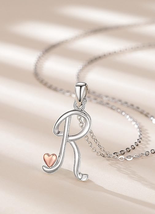 CELESTIA 925 Sterling Silver Initial Necklaces 26 Letter with Rose Gold Heart - 18 Inch Chain