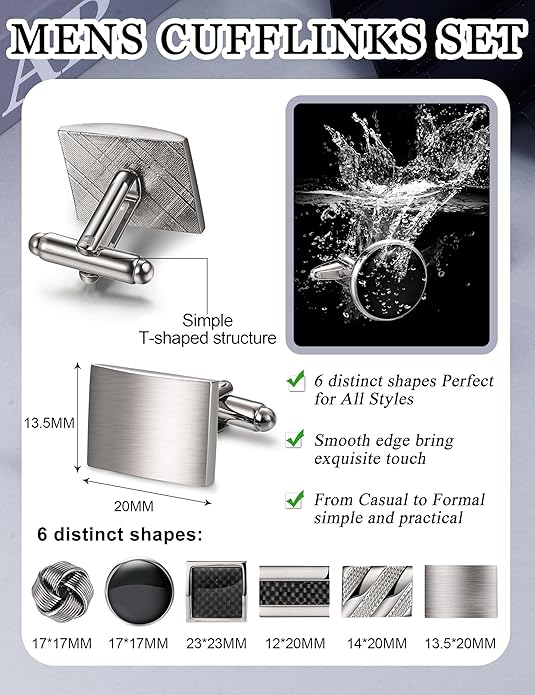 FIBO STEEL Cufflinks for Men Classic Black Cufflink Set Unique Round Square Rectangle Cuff Links for Business Shirt Formal Wedding Tuxedo Groom Suit Accessories Men Present