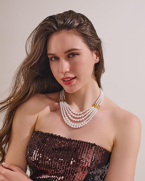 Gold Bow Imitation Pearl Layered Necklaces For Women Stack Necklace Charm Elegant Bow Necklaces Jewelry Presents