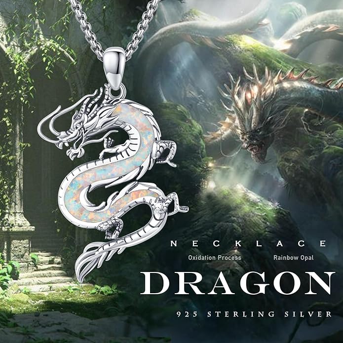 REDSUN 925 Sterling Silver Dragon Pendant Necklace Viking Dragon with Obsidian/Opal Protection Jewelry Gifts for Men Women Her Him Birthday Valentines Day Gifts