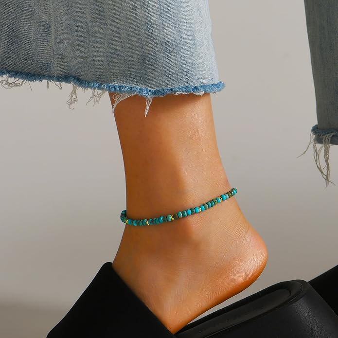 Natural Stone Beaded Anklets Bracelets for Women Handmade Beaded Anklet Bracelet Waterproof Boho Beads Ankle Bracelet Adjustable Summer Jewelry
