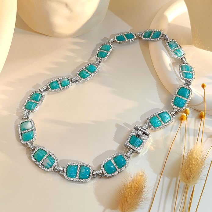 Chunky Necklace for Women 12 Colors Diamond Stone Gold Statement Necklace for Women Full Trendy Blue Birthstone Choker Necklace for Women Square Design Necklace Jewelry