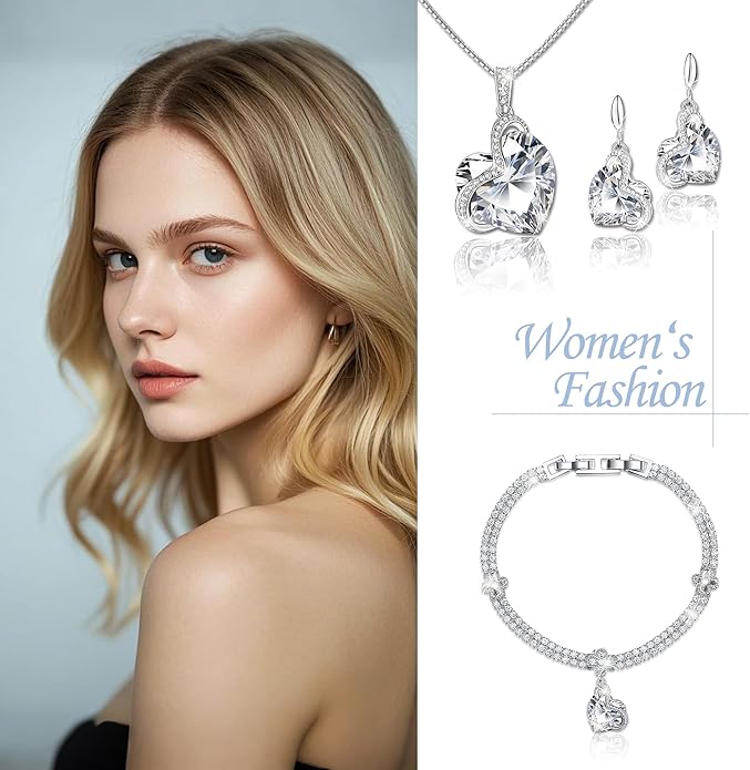 Blissful Heart Crystal Jewelry Sets For Women 18K White Gold Plated Bracelet Necklace and Earrings Sets for Wife Girlfriend or Mothers Idea Gift for Special Women in Life