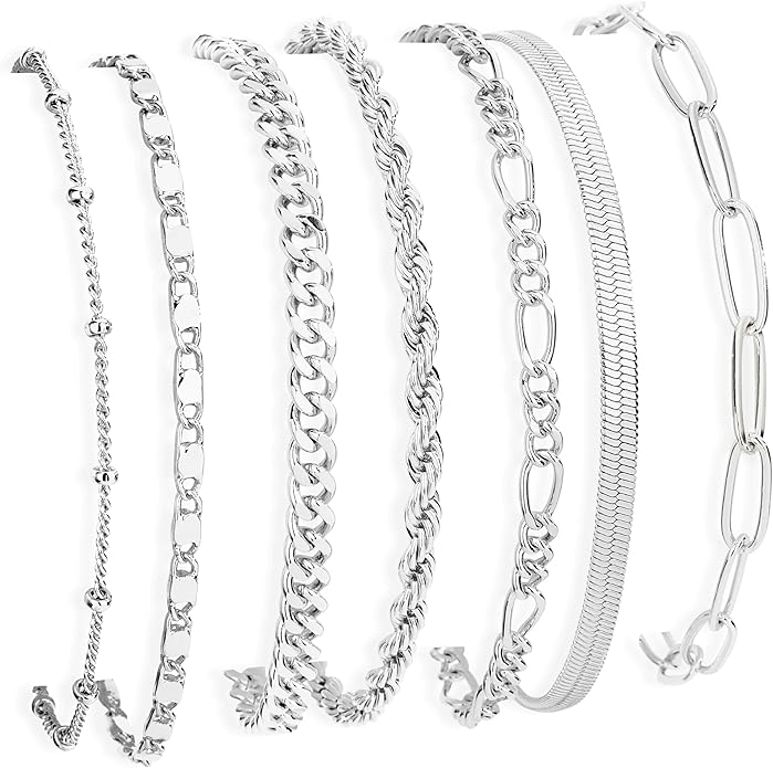 7PCS 14K Gold Plated Bracelets Sets for Women，Dainty Fashion Layered Cuban Link Chain Herringbone Paperclip Chain Bracelets Stack，Trendy Simple Stackable Gold Silver Bracelets Jewelry Gifts