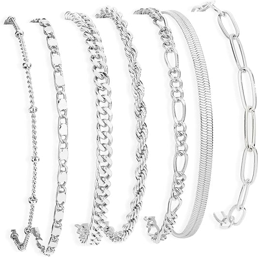 7PCS 14K Gold Plated Bracelets Sets for Women，Dainty Fashion Layered Cuban Link Chain Herringbone Paperclip Chain Bracelets Stack，Trendy Simple Stackable Gold Silver Bracelets Jewelry Gifts