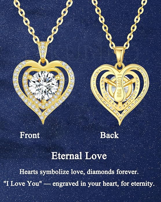 Moissanite Heart Necklace for Women, 1-2 Carat Moissanite Necklace Engraved with 'I LOVE YOU', Anniversary Birthday Gifts for Women,Mom, Girlfriend, Jewelry Gifts for Christmas Valentine's Day
