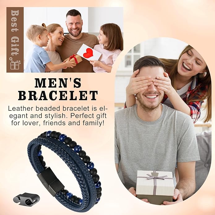 Gifts for Men - Layered Leather Beads Bracelet, Tiger Eye Lava Rock Stone Braided Leather Bracelets for Men Adjustable Magnetic Clasp Birthday Gifts