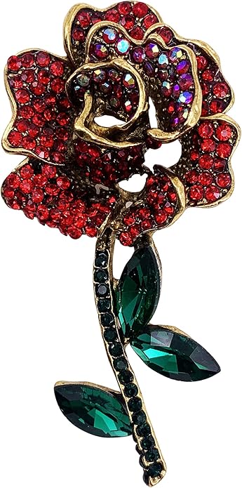SELOVO Women Rose Flower Red Rhinestone Bling Brooch Pin Gold Tone
