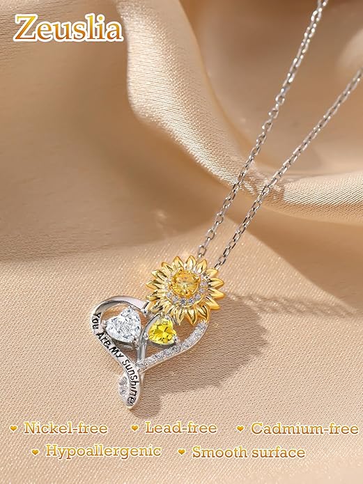 Zeuslia Double Birthstone Necklace Gifts for Wife - 925 Sterling Silver Sunflower/Rose/Crown Cross/Compass/Heart Pendant I Love You Necklace, Anniversary Birthday Gifts for Wife Girlfriend Mom Her
