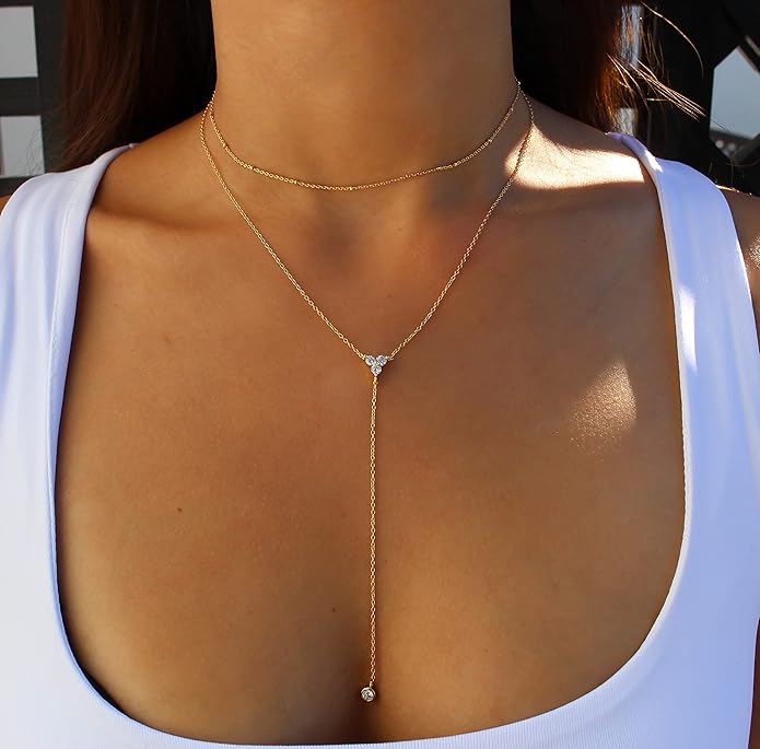 Foxgirl Lariat Gold Necklace for Women, Dainty Long Necklace 14k Gold Plated/Silver Y-Shaped Pendant Necklace Trendy Layered Cz Beaded Chain Drop Necklaces Simple Gold Jewelry For Women Gift