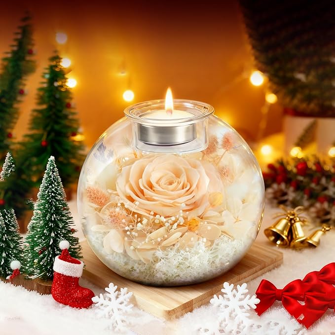 Forever Real Roses in Glass with Scented Candle, Christmas Gift Ideas Preserved Flower Christmas Gifts for Women Her Girlfriend Wife Mom on Valentines Birthday Anniversary Champagne