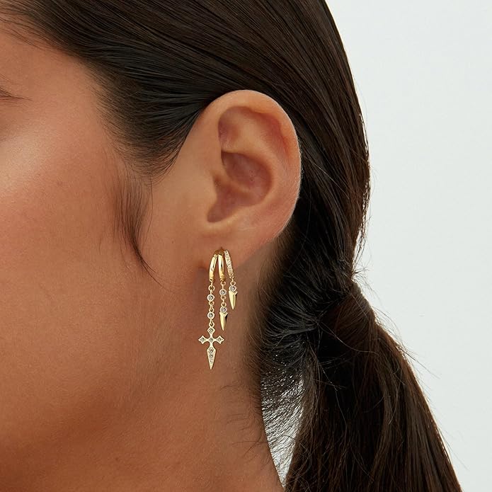 Dangle Earrings for Women,14k Gold Plated Triple Huggie Stud Earrings Dainty Drop Earrings for Women Trendy Gold Statement CZ Long Chain Earrings Non Tarnish Jewelry