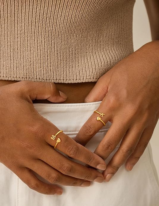 Honsny Gold Initial Rings for Women Non Tarnish 18K Gold Plated Heart Initial Stackable Rings Adjustable Pinky Rings for Women Cute Dainty Alphabet Capital Letter Rings Jewerly Gift