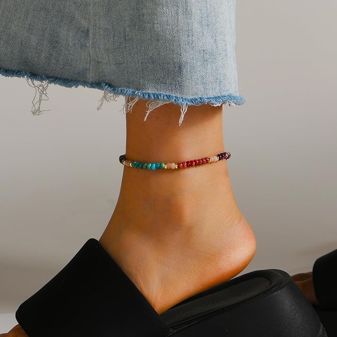 Natural Stone Beaded Anklets Bracelets for Women Handmade Beaded Anklet Bracelet Waterproof Boho Beads Ankle Bracelet Adjustable Summer Jewelry