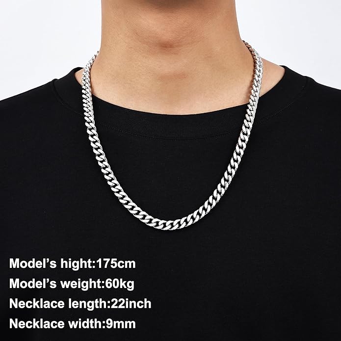 Fiusem Valentines Day Gifts for Him Silver Tone/Black/14K Gold Plated Chain Necklace for Men, 5mm/6mm/7.5mm/8mm/9mm Stainless Steel Cuban Link Chain Necklace, Men's Chains 18-28 Inch Jewelry Gifts