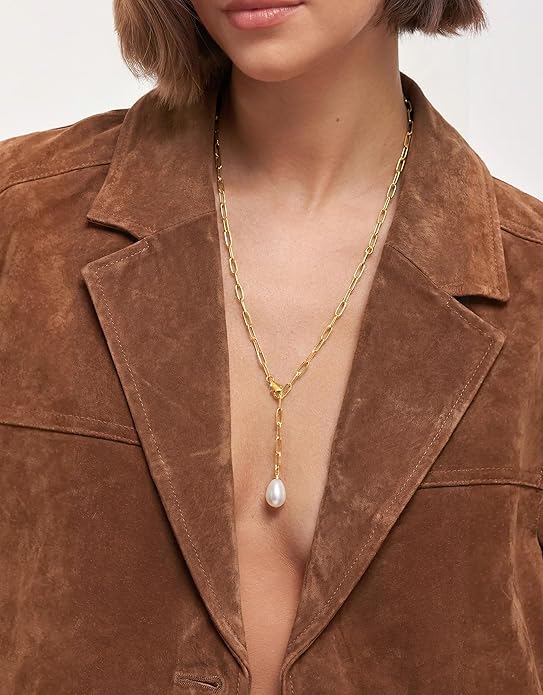 UBGICIG Honeycomb Layered Pendant Necklaces for Women Stackable, Dainty Y-Shaped Lariat Paperclip Pearl Heart Necklace, 16K Gold Silver Plated Long Necklaces Women's Trendy Drop Chain Necklace Jewelry