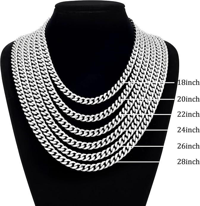 Fiusem Valentines Day Gifts for Him Silver Tone/Black/14K Gold Plated Chain Necklace for Men, 5mm/6mm/7.5mm/8mm/9mm Stainless Steel Cuban Link Chain Necklace, Men's Chains 18-28 Inch Jewelry Gifts