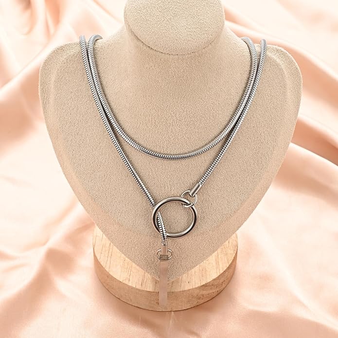 Slip Chain Necklaces for Women Stainless Steel Bar Pendant Choker Necklace Boho Handmade Long Lariat Necklace Silver Statement Punk Rock Collar Jewelry