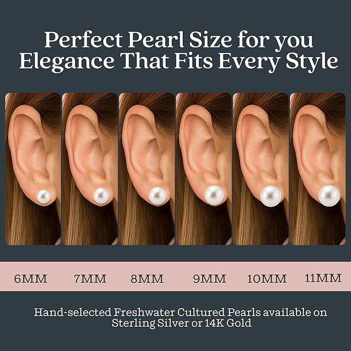 KEZEF Freshwater Pearl Stud Earrings for Women – AAA Quality Cultured Pearls on 925 Sterling Silver Post Rhodium or 14K Gold Plated, Sizes 6‑11 mm