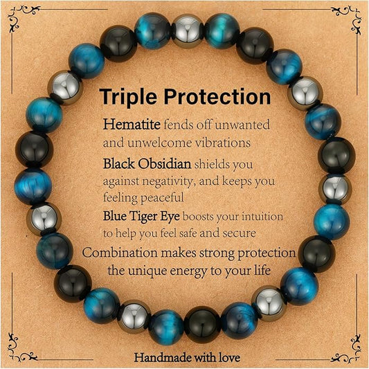 Triple Protection Bracelet for Men, Mens Black Obsidian Hematite Tiger Eye Beaded Natural Stone Evil Eye Bracelet Jewelry Gifts for Birthday Christmas