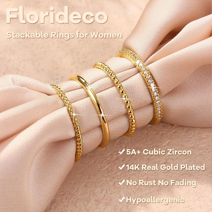 Florideco Stackable Rings for Women Non Tarnish Dainty 14K Gold Plated Stacking Thin Ring Set Trendy Statement Minimalist Cubic Zirconia Band Rings Promise Engagement Rings Size 5-10