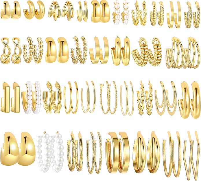 FAXHION 36 Pairs Gold Earrings Set for Women, Fashion Pearl Chain Link Stud Drop Dangle Earrings Multipack Hoop Earring Packs, Hypoallergenic Earrings for Birthday Party Jewelry