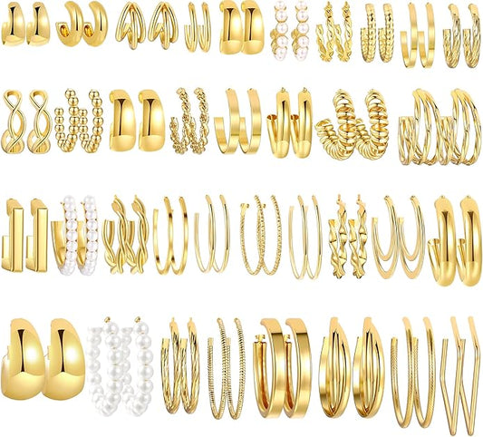FAXHION 36 Pairs Gold Earrings Set for Women, Fashion Pearl Chain Link Stud Drop Dangle Earrings Multipack Hoop Earring Packs, Hypoallergenic Earrings for Birthday Party Jewelry