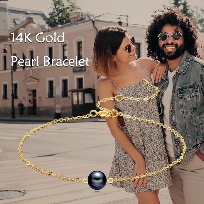 KECHO 14K Real Gold Freshwater Cultured Pearl Bracelet 14K Solid Gold Jewelry Anniversary Birthday Gift for Women
