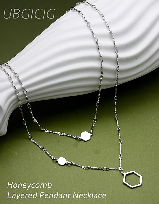 UBGICIG Honeycomb Layered Pendant Necklaces for Women Stackable, Dainty Y-Shaped Lariat Paperclip Pearl Heart Necklace, 16K Gold Silver Plated Long Necklaces Women's Trendy Drop Chain Necklace Jewelry