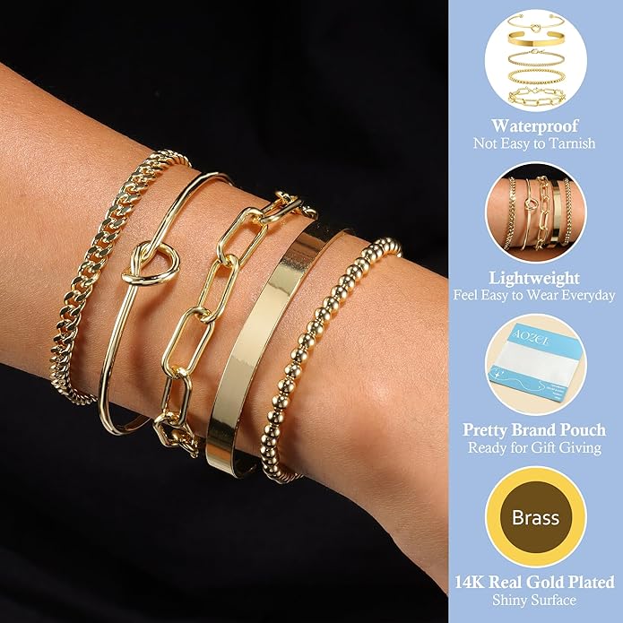 AOZEL Gold Plated Bracelets for Women Stack,Bangle Cuff Bracelet Set Non Tarnish Jewelry for Women Trendy