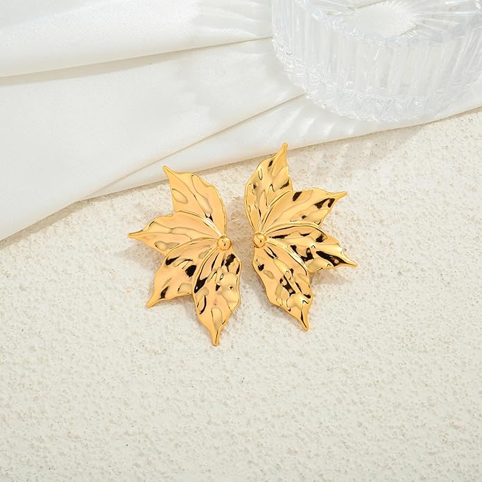 Chunky Gold Statement Earrings For Women Gold Plated Sectored Flower Leaf Shell Angel Wing Earrings Large Stud Earrings Hypoallergenic Earrings