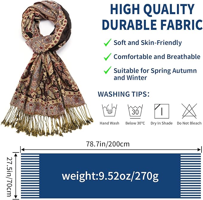 QIUTIMIY Paisley Pashmina Shawl Wrap Women Reversible Vintage Jacquard Pashmina Rave Scarf with Fringe for Evening, Wedding