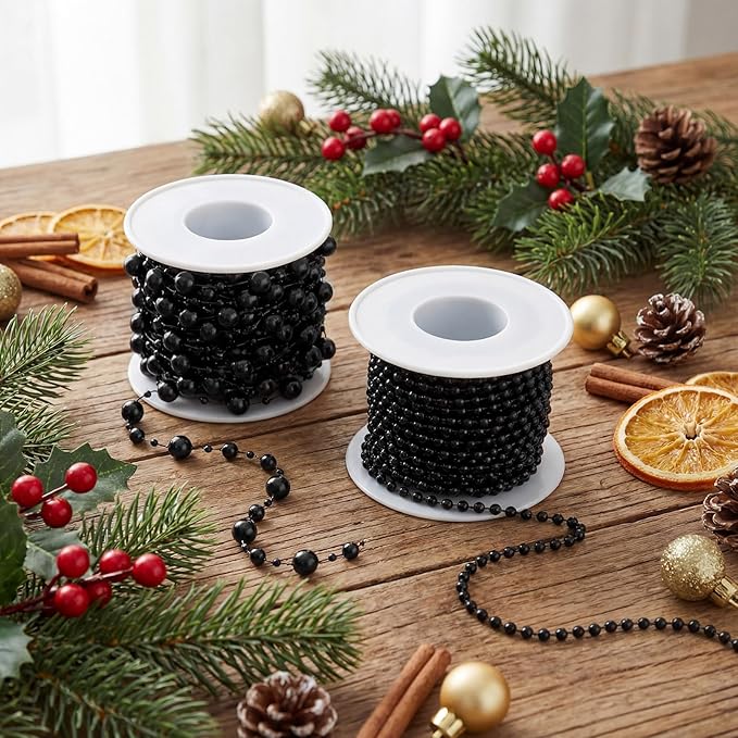 Bonuci 3 Rolls 66 Feet Pearls String Garland Faux Pearl Garland Spool Roll Strand Decoration Artificial Beads Chain Trim for Crafting String of Flowers Valentine Wedding Party(Black,4mm)