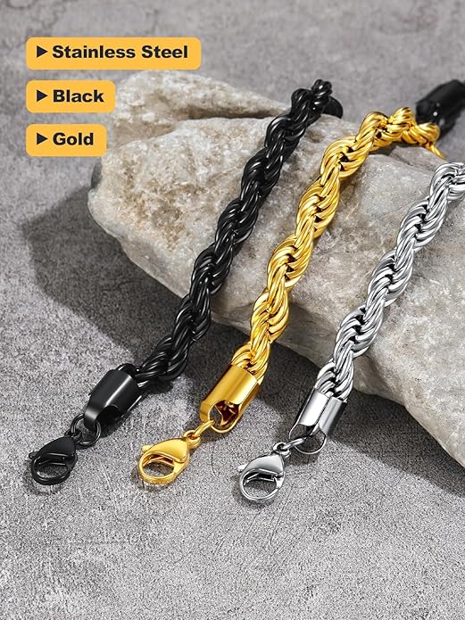 U7 Link Bracelets for Men, Cuban Link/Rope/Watch Band Solid Bracelet, Silver Black Gold Color Wrist Bracelet 3/6/9/12/15mm Width, 6.5/7.5/8.3 Inch Length, Hand Chain Jewelry for Mens Women