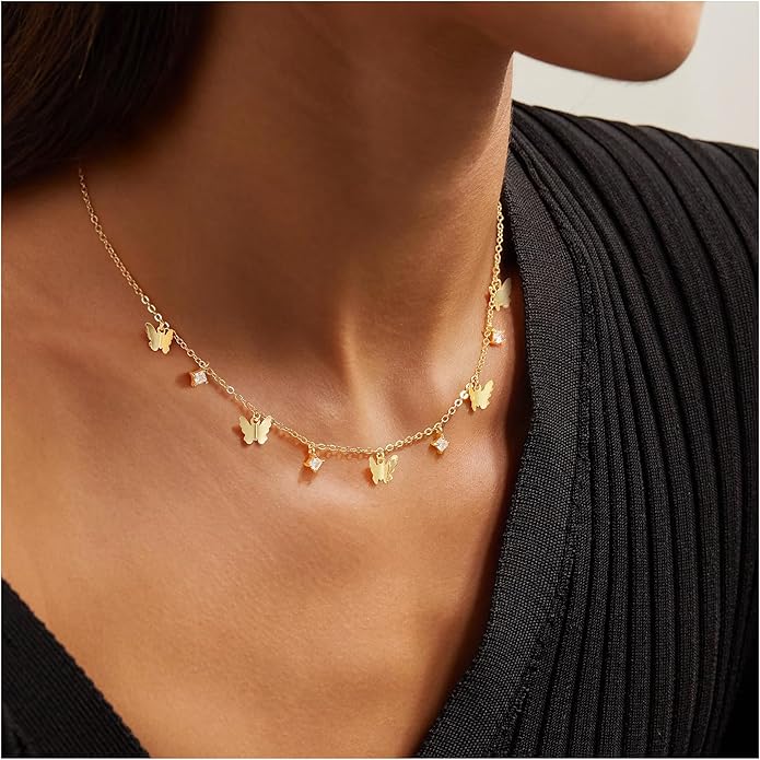 Yoosteel Dainty Gold-plated Clover Pearl Heart Butterfly Star flower Choker Necklace for Women - 14K Gold Plated Cubic Zirconia Pendant Station Necklaces for Women Teens Trendy Prom Jewelry Gifts