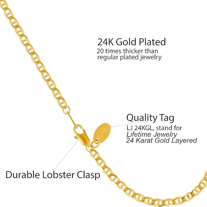 LIFETIME JEWELRY Womens Gold Anklet 3mm Mariner Link Chain Ankle Bracelet 24k Gold Plated
