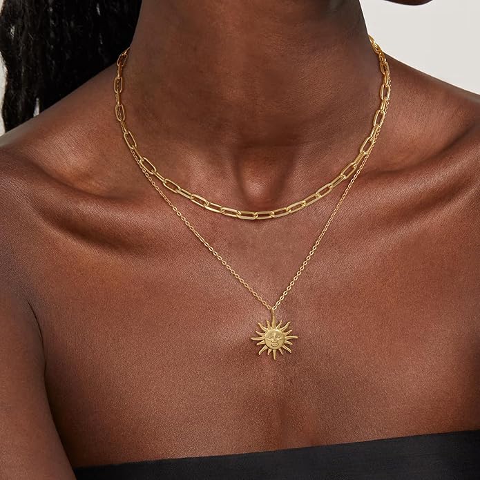 CHESKY Layered Necklaces for Women Trendy, Dainty 14k Gold Plated Pendant Necklace Layering Necklace for Women Non Tarnish Hypoallergenic Sun Gold Necklace Stack Gold Jewelry for Women Gifts