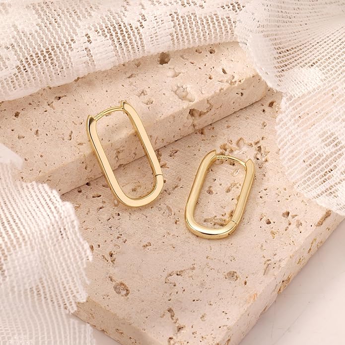 925 Sterling Silver Hoop Earrings for Women Trendy Small Square Hypoallergenic 14K Gold Plated Hoop Earrings Geometric Minimalist Rectangle Hoops Earrings