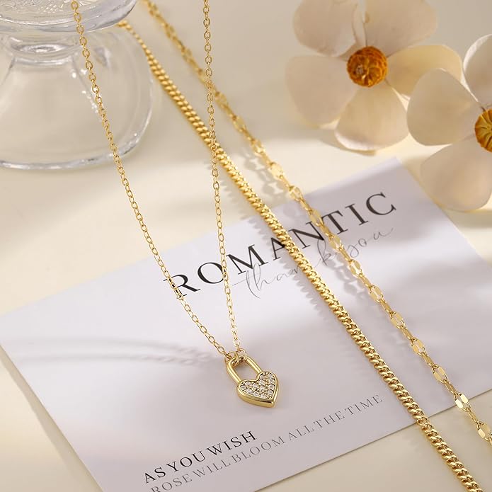 Gold Necklace for Women 14K Gold Plated Layered Necklaces Dainty Pendant Necklace Cute Stack Necklaces Set Fashion Jewelry Gift for Her