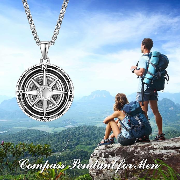 KINGWHYTE Compass Necklace for Men 925 Sterling Silver Birthday Gifts Graduation Travel Jewelry for Husband Brother with Stainless Steel Chain