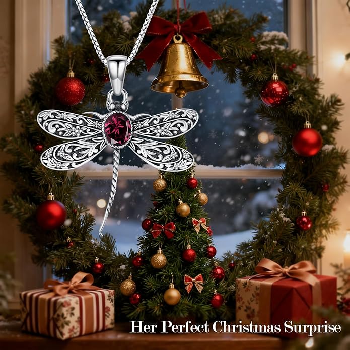 Vintage Dragonfly Necklace for Women 925 Sterling Silver, Oval Birthstone Dragonfly Pendant Boho Jewelry Birthday Gift for Her, Mom, Grandma