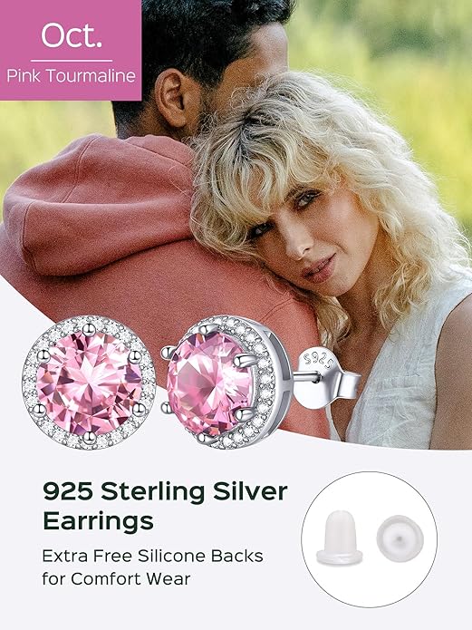 ChicSilver 925 Sterling Silver Birthstone Earrings for Women, 8MM/2 Carat Heart & Round Cubic Zirconia Stud Earrings, Hypoallergenic Jewelry, Ideal Birthday or Christmas Gifts