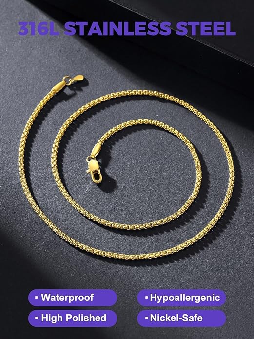 Richsteel Stainless Steel Mens Flat Link Chain Necklace, Black/Gold/Steel Chain for men, 2mm/4mm/6mm Width, No Tarnish & Hypoallergenic Hip Hop Jewelry, 18"-30" Length